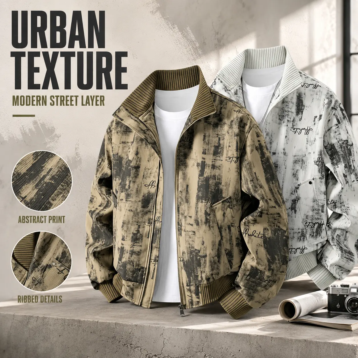 Men's Vintage Ink Wash Stand Collar Jacket Zip Up Letter Print Casual Street Bomber Coat