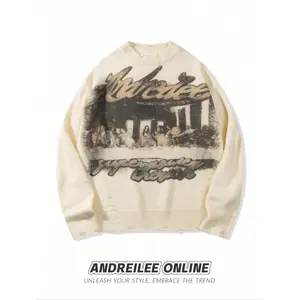 18ACTIVEKITMen's street style long sleeved round neck sweater, French oil painting print, linen design, spring and autumn casual loose knit fabric