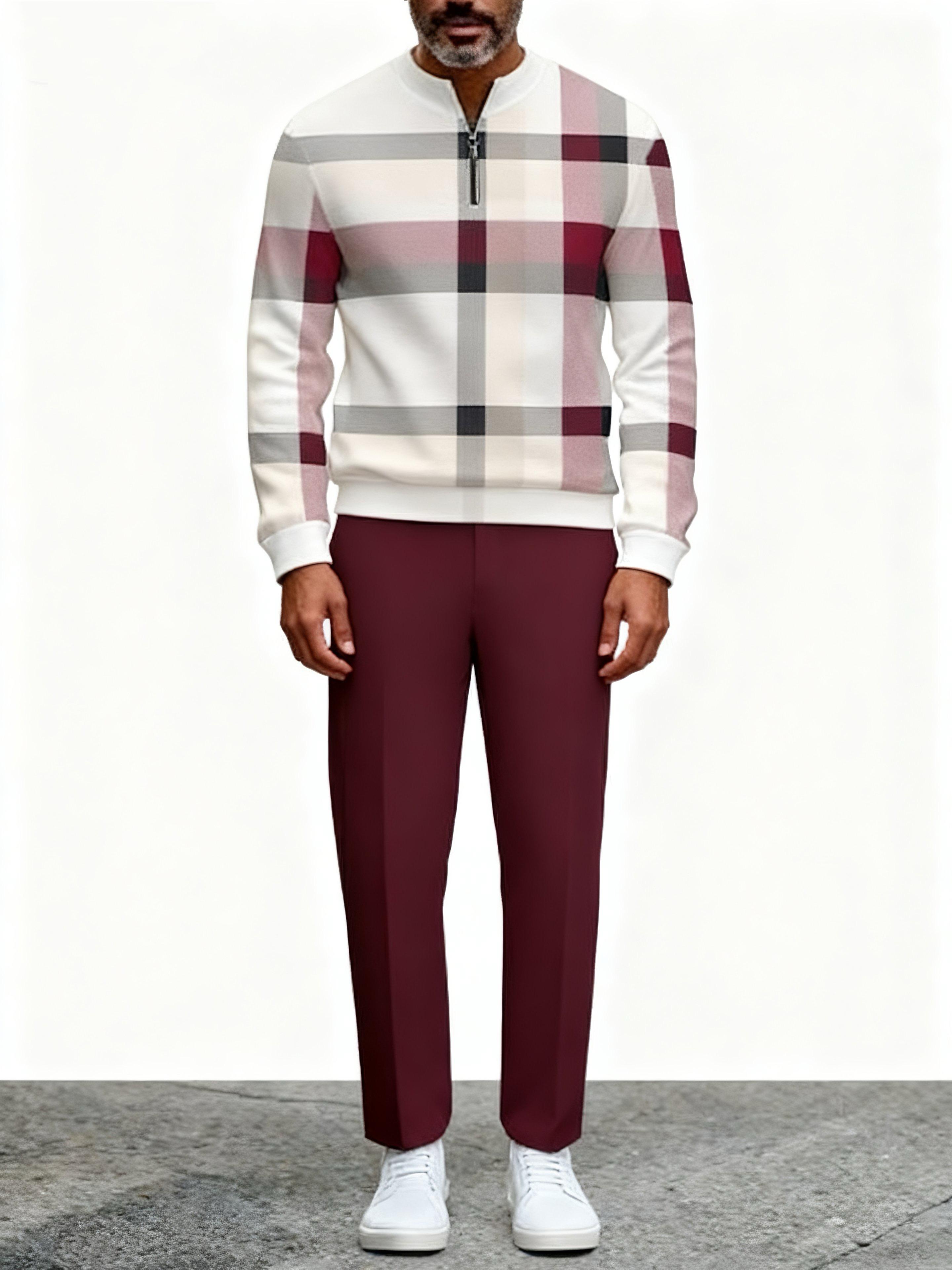 Business casual fashion men's digital printed sportswear set, featuring a street-style patterned digital half-zip sweater + pants, a two-piece men's outfit