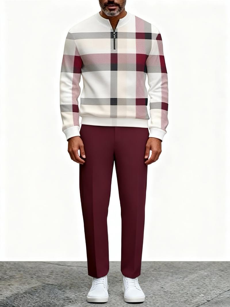 "New European and American men's sportswear set, featuring a half-zipper top paired with matching pants, and a trendy design with a sleeve patch featuring the number 5. The fabric is comfortable, suitable for daily street wear, casual commuting, and effor