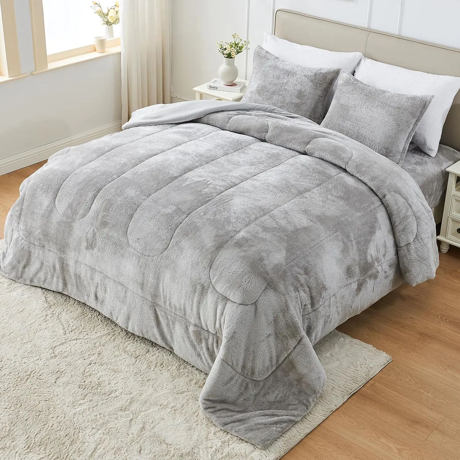 Faux  Comforter Set  Size with Fitted Sheet, Luxury Ultra Soft Fuzzy Comforter,  Plush  Bedding Comforter Sets for Fall Winter, Cozy Warmth, No Shedding, 4 count, Grey