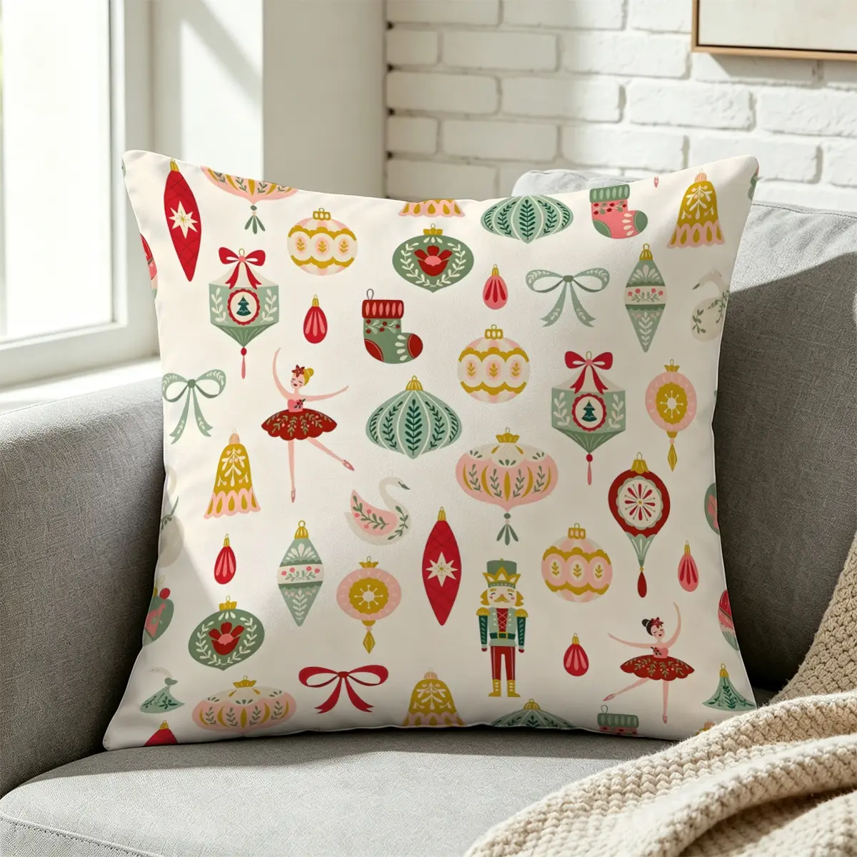 45x45cm 1Pc Christmas throw pillow, featuring ballet dancer, nutcracker and holiday ornament patterns, soft and fluffy, durable for daily use, ideal for sofa, bed, bedroom and living room decoration, perfect small holiday gift for family and friends