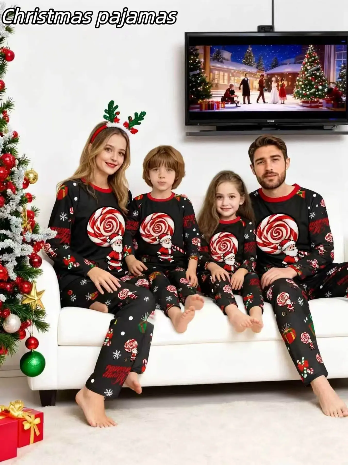 2-Piece Christmas Pajama Set, Santa Print Couples Sleepwear, Men Women Kids Holiday, Loose-Fit Casual Home Clothes