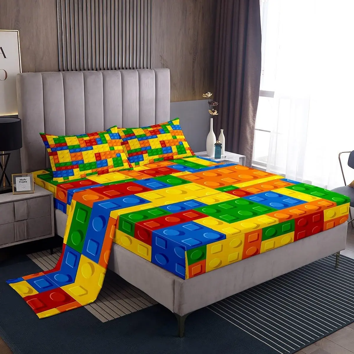 Bed Sheet Set Twin Size Color Building Blocks Sheet Set Brick Sheets Bedroom Nursery Bedding Set with Flat Sheet Fitted Sheet Pillowcase 3Pcs