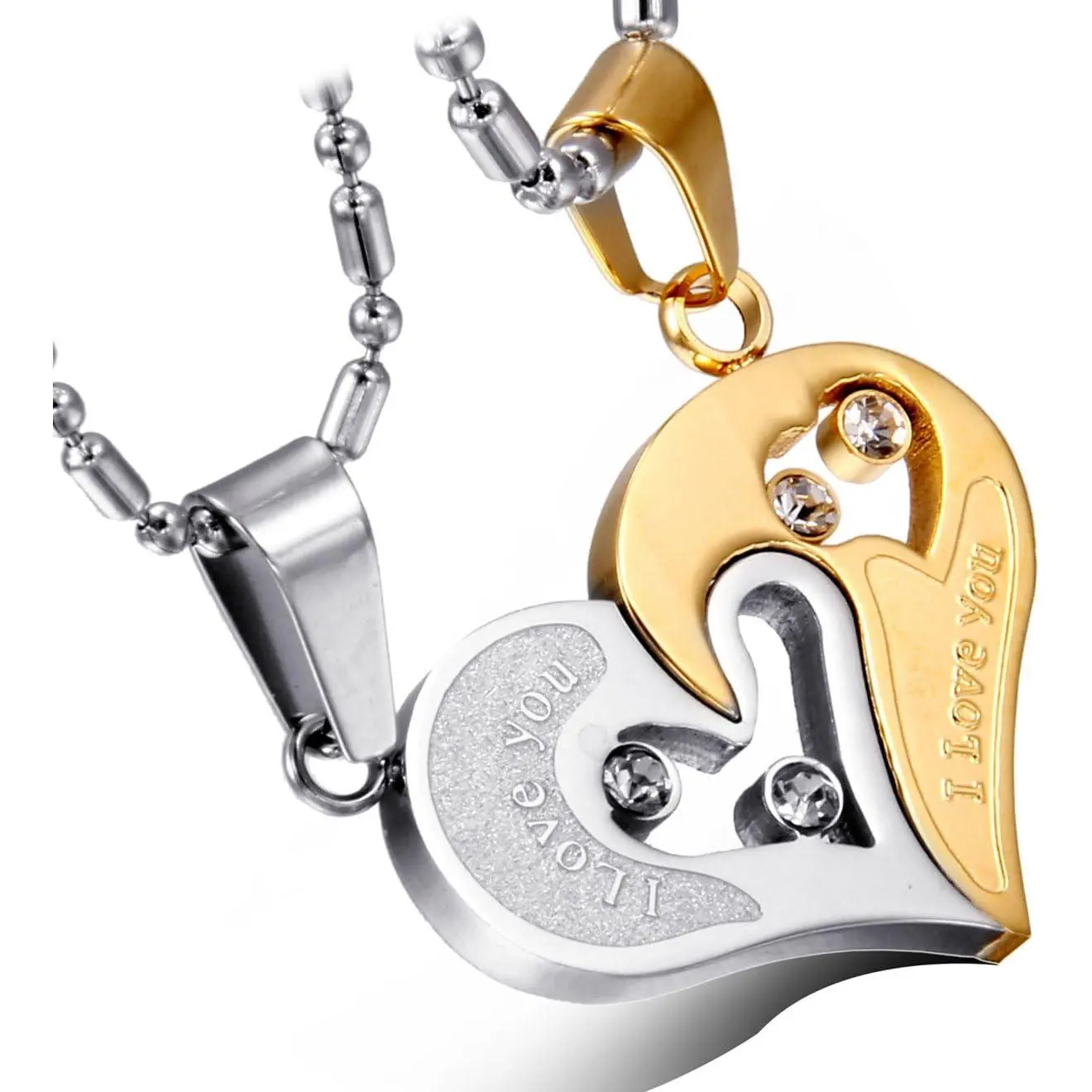 2- Stainless Steel Couple Necklace Rhinestone I Love You Heart Puzzle Matching Pendant for Couples with Love Chain for Valentine's Day