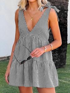women's plaid print bow decor tie shoulder sleeveless dress, casual fashion gingham dress for daily holiday vacation wear, ladies dress for summer, going out dresses, womenswear, casual classy dress,