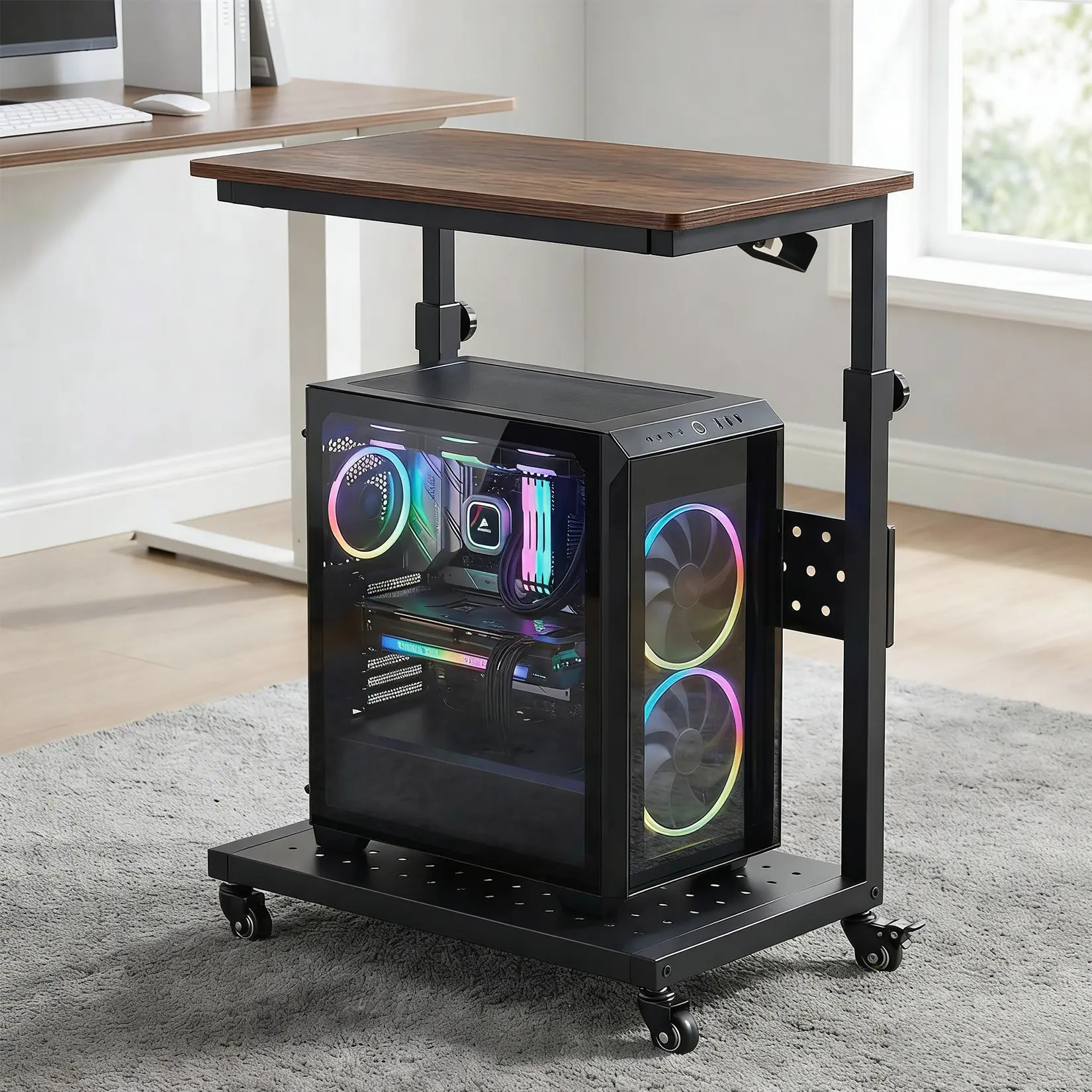 Adjustable Height 2-Tier Mobile Computer and Printer Stand – Rolling CPU Tower Cart – Wood Top & Metal Frame