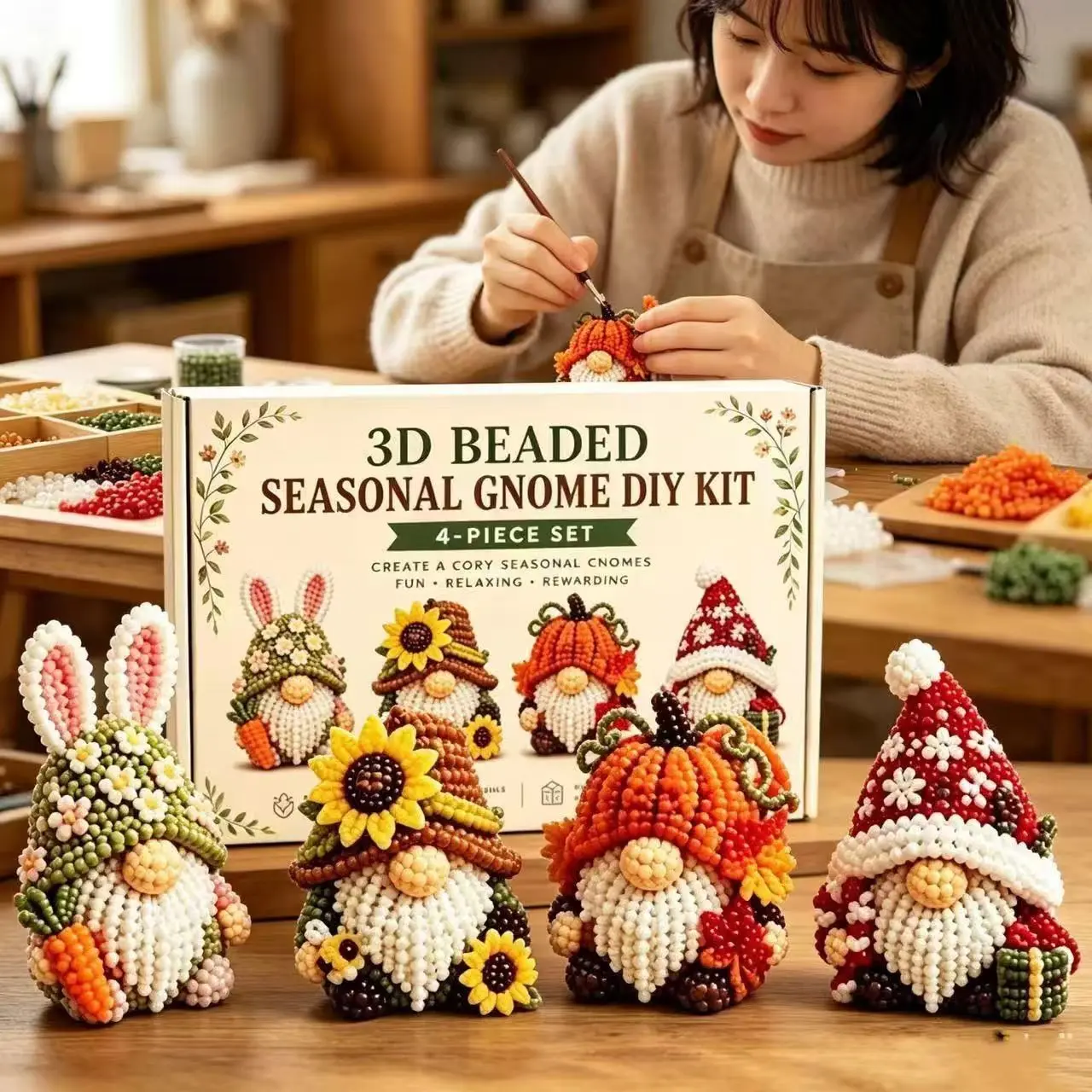 Four Styles Seasonal Gnome Beaded DIY Kit, Creative Beading Craft Set for Beginners, Stress Relief Handcraft Gift for Women, Beading Kits