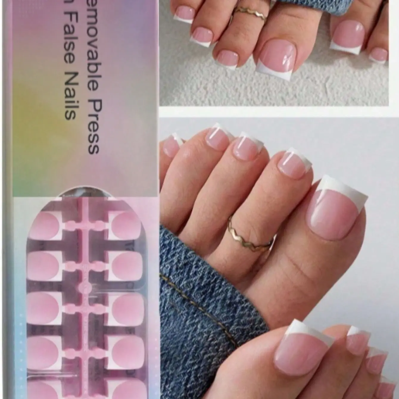 150 Piece French Tip Toe Nails, Nude Base with Square Tips, Reusable Short Ballerina False Toes, Fake Toenails, Detachable Press-On Nail Art
