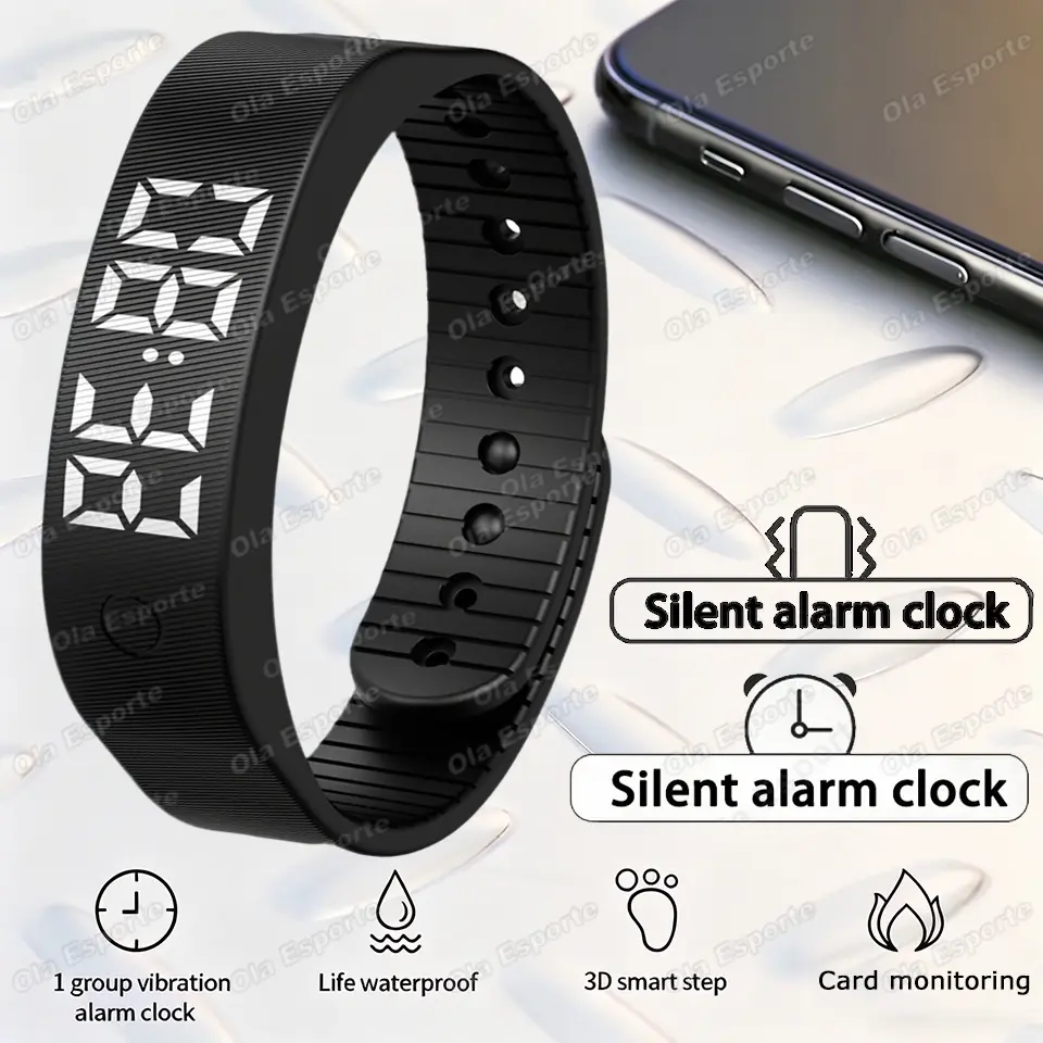 LED Digital Alarm Clock Watch Adjustable Snooze-proof Alarm Bracelet with Running Pedometer Waterproof Vibrating Alarm HW12