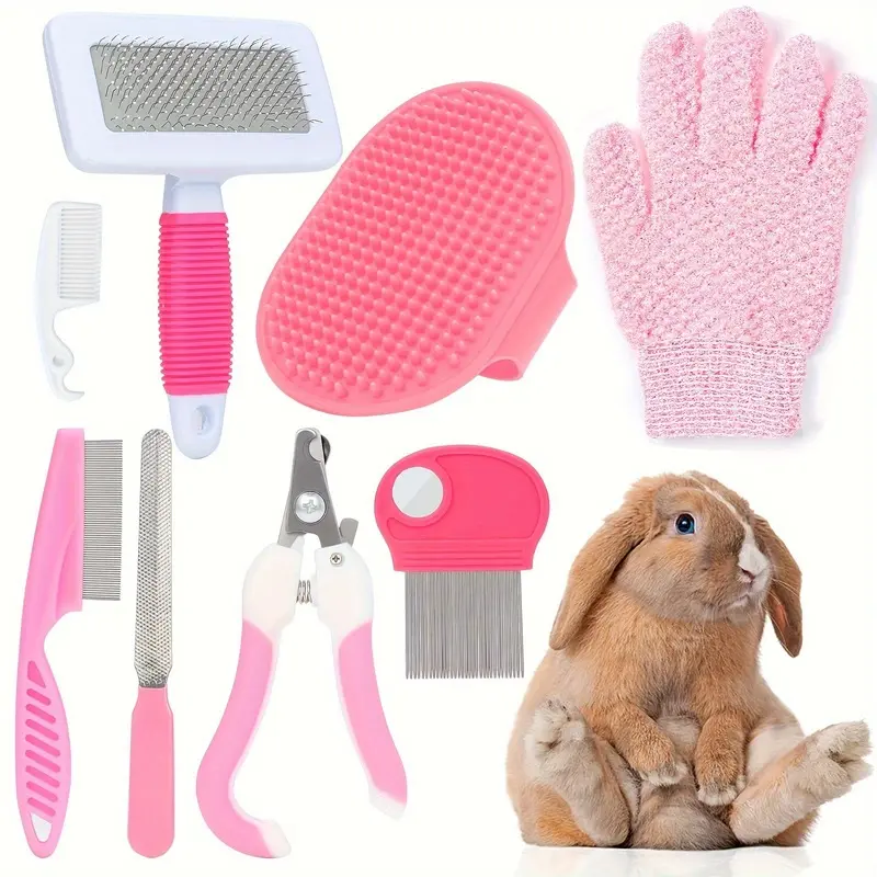 8-Piece Rabbit Grooming Kit & Care Set Supplies: Nail Clippers, Flea Comb, Bath Brush, Gloves, Cleaning Comb