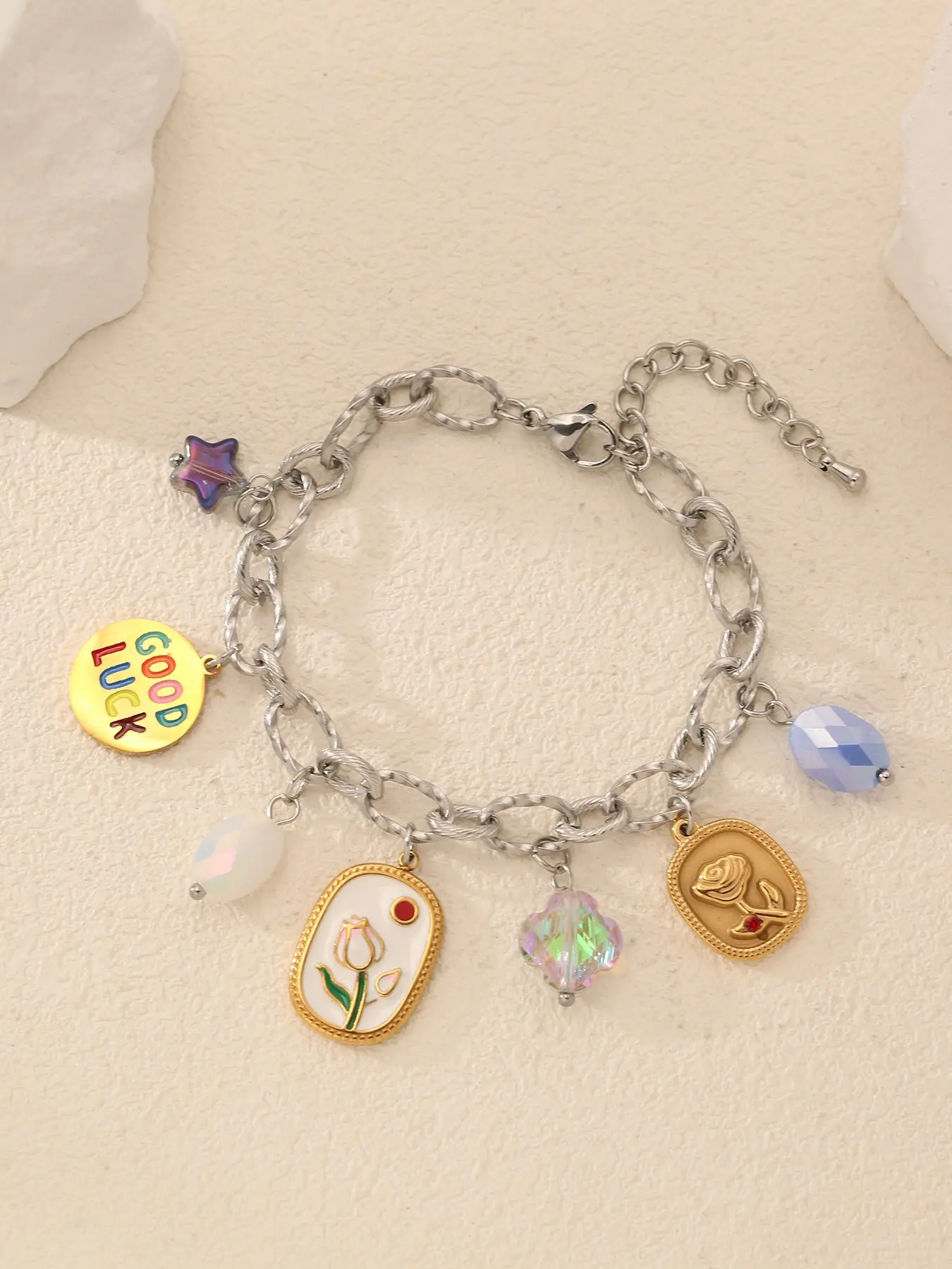 1pc Stainless Steel Colorful Flowers Charms Bracelet, Trendy Waterproof Hand Chain, Street Style Jewelry for Women, All Seasons