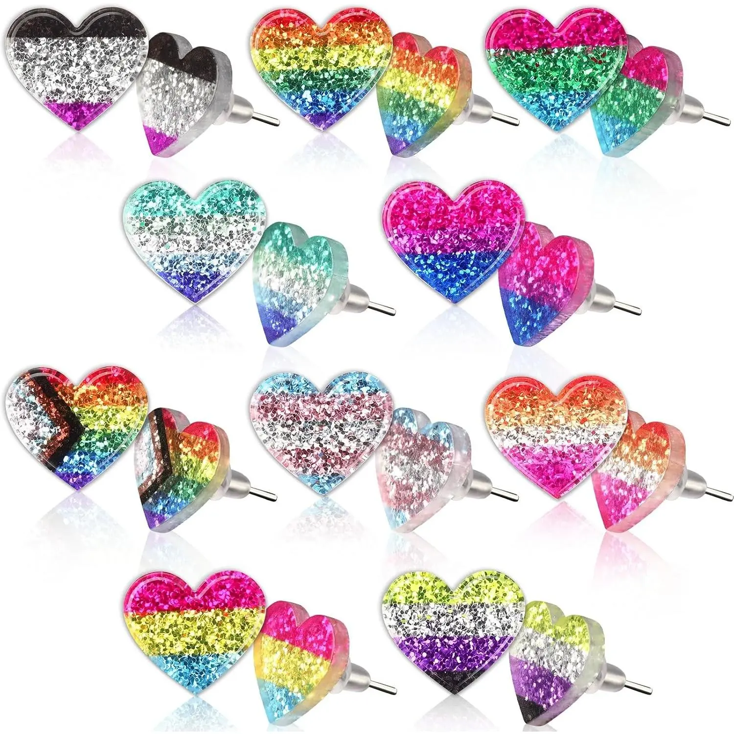 10 Pairs Pride Heart Earrings Rainbow LGBT Stud  for Women |  , Pride Parade Party  Giving, Glitter Lesbian Rainbow Earrings, Lightweight   Studs