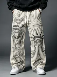 Streetwear brand sketch portrait print wide-leg pants featuring elements of the Statue of Liberty and angels, elastic waistband, loose fit, trendy street style.
