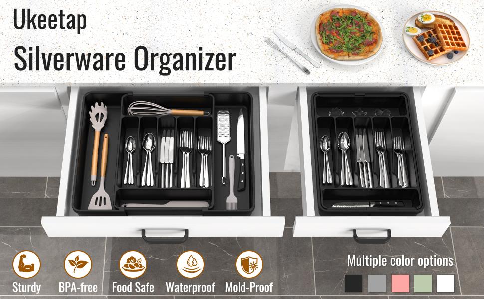 Ukeetap Extra Large Expandable Silverware Organizer BPA-Free Food-Safe Cutlery Flatware Drawer Organizer Adjustable Holder for Spoons Forks Knives White 7-9 Compartments 12.4" to 21" Width
