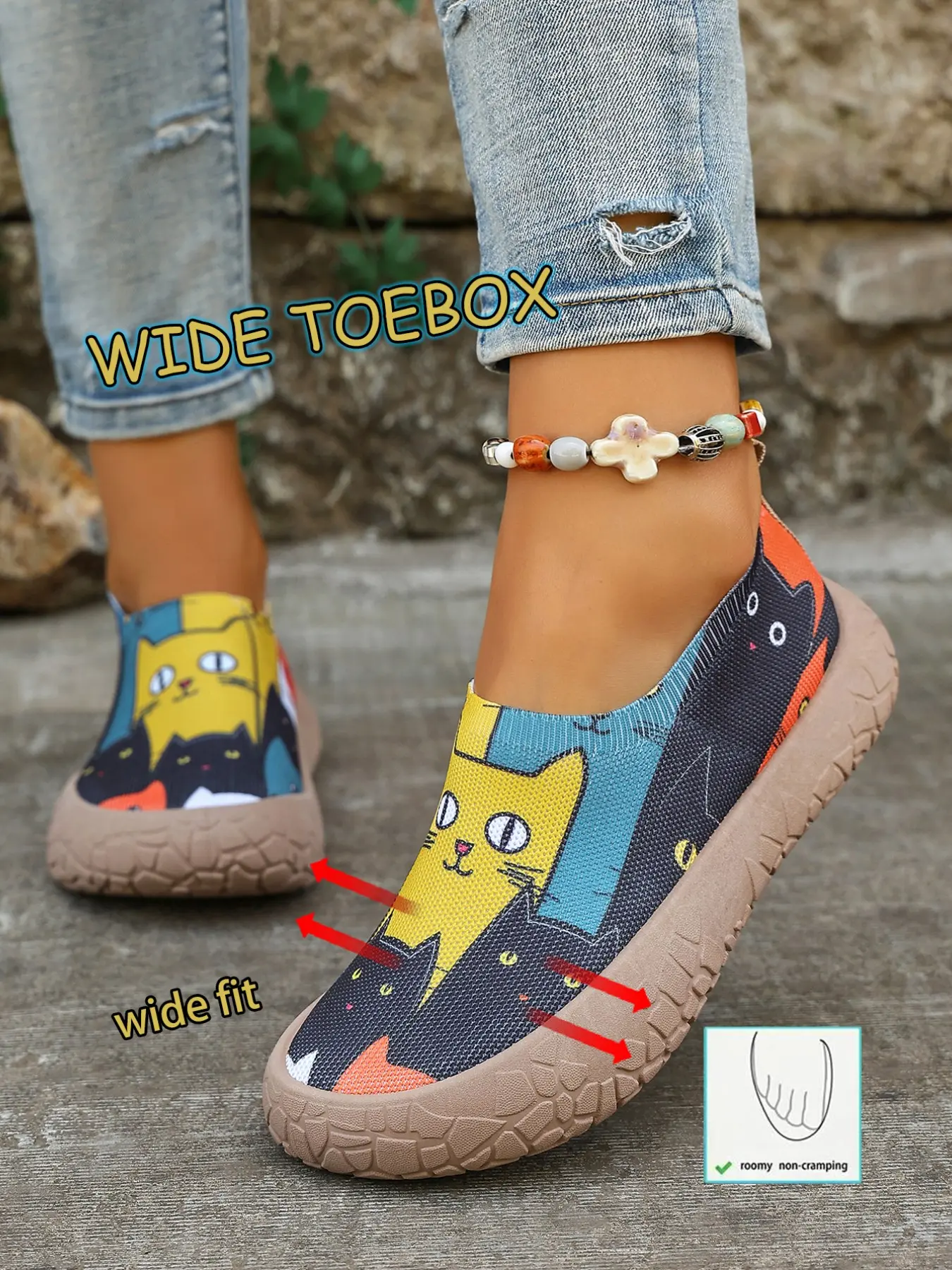 Women's Wide Fit Round Toe Low Top Casual Shoes, Cartoon Cat Print, Fabric Upper and Sole, Ideal for Daily Wear and Outdoor Activities