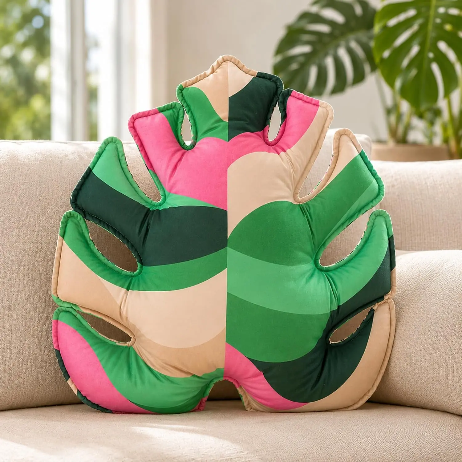 Monstera Decorative Pillow 15.7" x 14.9" Deliciosa Leaf Shaped Cushion Topical  Decor Jungle Throw Pillow for Bed Sofa Office Bedroom Living Room Summer Party  &Green