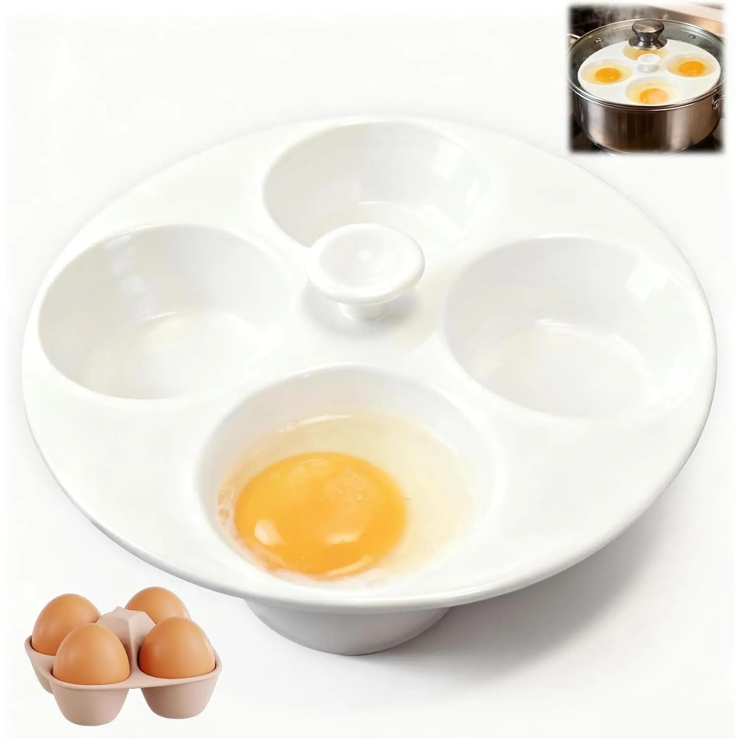 Ceramic Egg Poacher, 4-Cup Egg Poacher Pan Nonstick for Perfect Poached Eggs, Poached Egg Cooker Compatible with Most Pots, Stovetop Cooking, Easy-Clean Egg Cooker Poacher for Perfect Poached Eggs