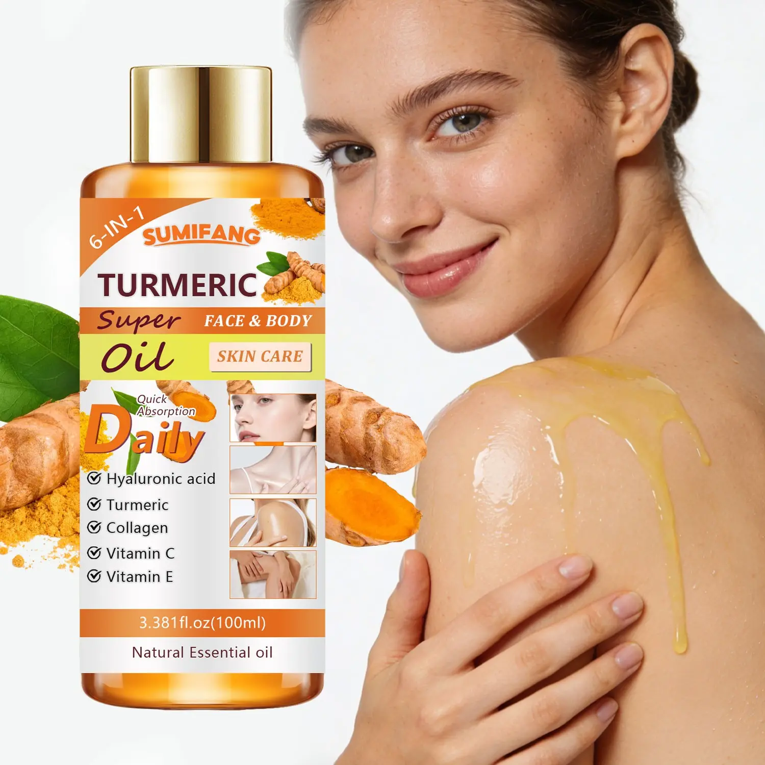 100ML Turmeric Body Massage Oil, Hyaluronic Acid, Curcumin, Collagen, Vitamin C & E, Deep Moisture Lock, Brightening, Face & Body Use