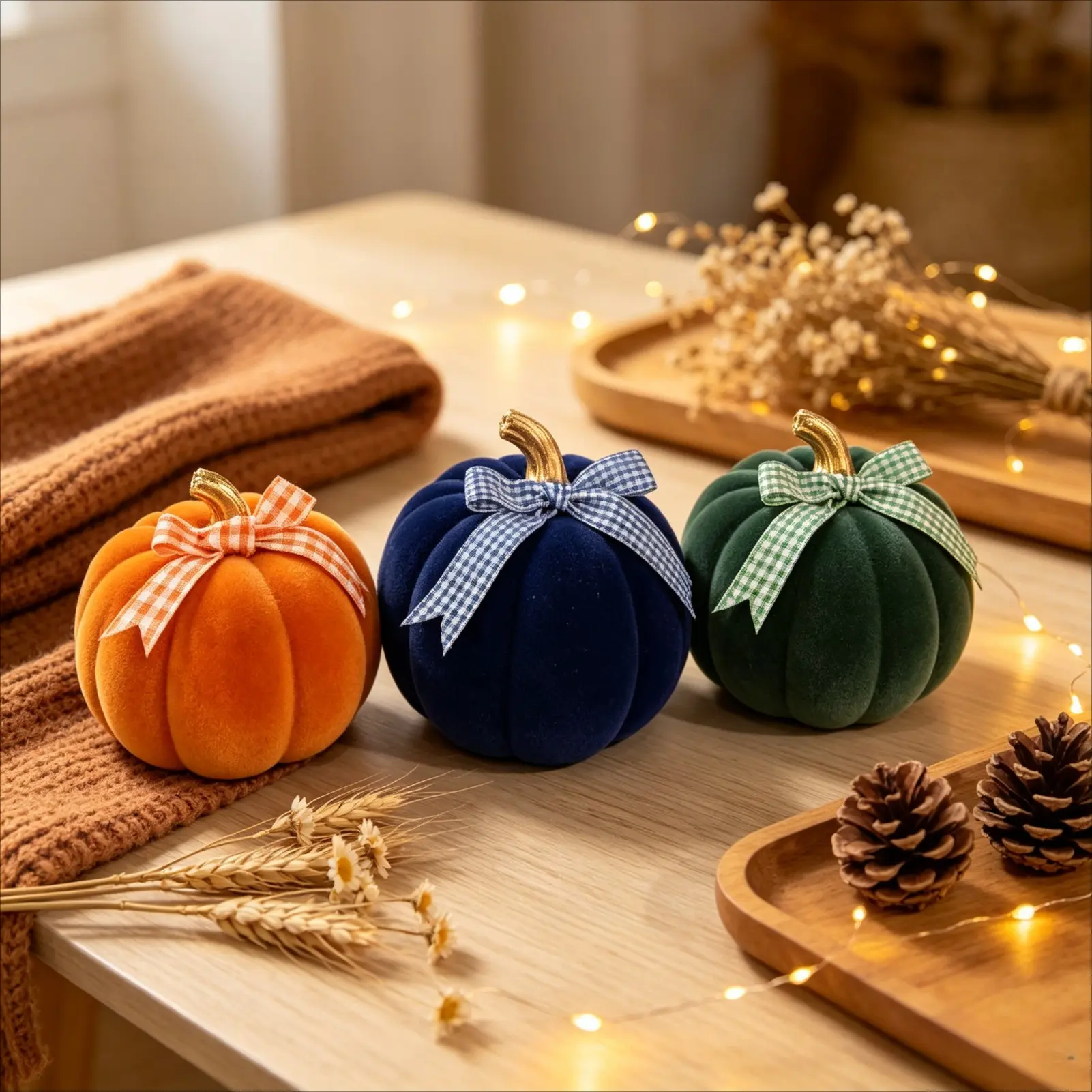 Velvet Pumpkin Table Decor Set, Fall Harvest Centerpiece with Plaid Bow & Gold Stem Design, Tiered Tray Autumn Ornament for Home, Dining Table, Fireplace, Party & Seasonal Decoration