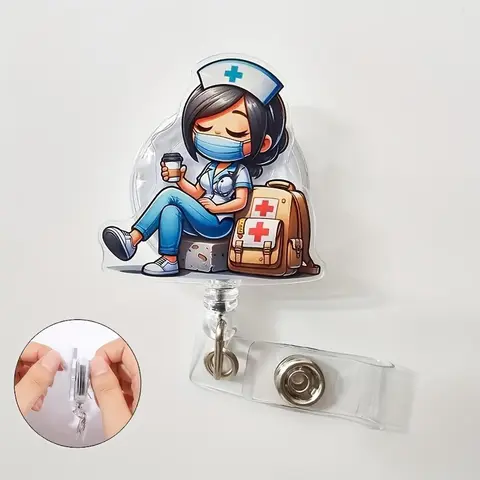 2D Nurse Themed Retractable Badge Holder, 1 Count Cute Nurse Design, Badge Reels Retractable, Identification Badges & Supplies for Nurse, Doctor, RN & LPN