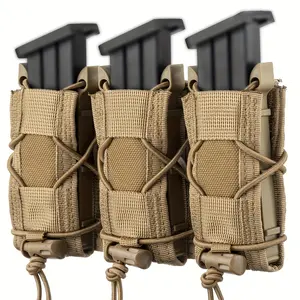 Tactical Triple Magazine Pouch for 9mm, Quick Release MOLLE Pouches for Duty Belt & Vest, Short Elastic Mag Holder with Adjustable Bungee Cord, EDC Tool Organizer for Range, Airsoft & Outdoor Gear
