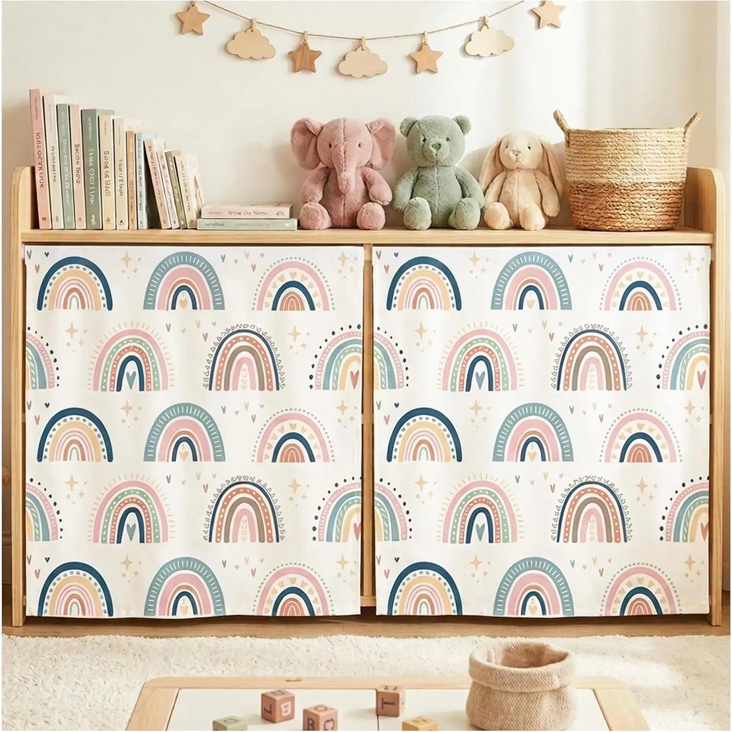 6Pcs Washable Non-Customised Classroom Cabinet Curtains Set - 24x24.6in Rainbow Hook & Loop No Drilling Required Fabric Cover, Machine Washable for Library Shelves, Teacher Desk Lectern, Play Zones Decor, Self-Adhesive Installation