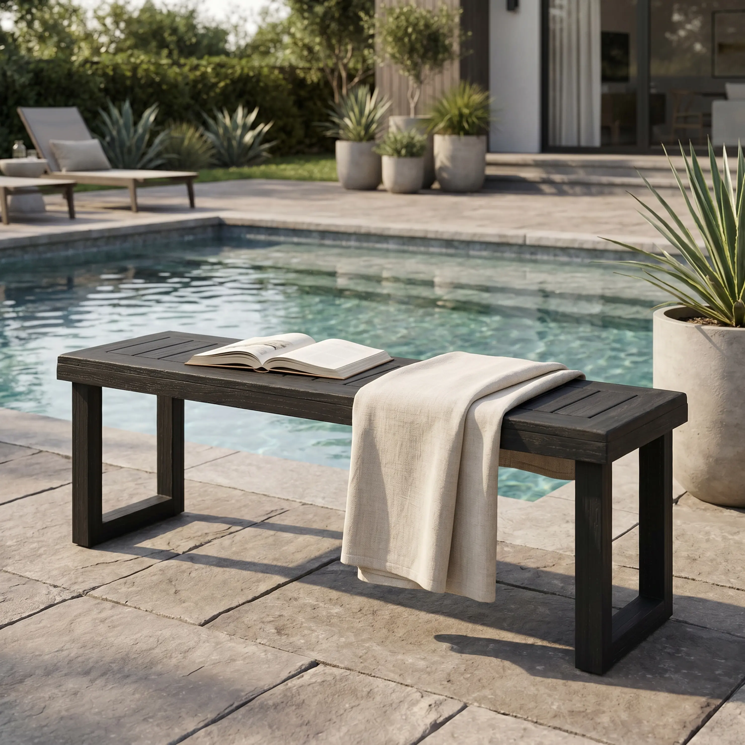 ARCH Outdoor Acacia Wood 2-Person Weatherproof Slatted Bench - Dark Grey, Without Arms, Modern Home Decor, Solid Wood Garden Furniture for Backyard Deck
