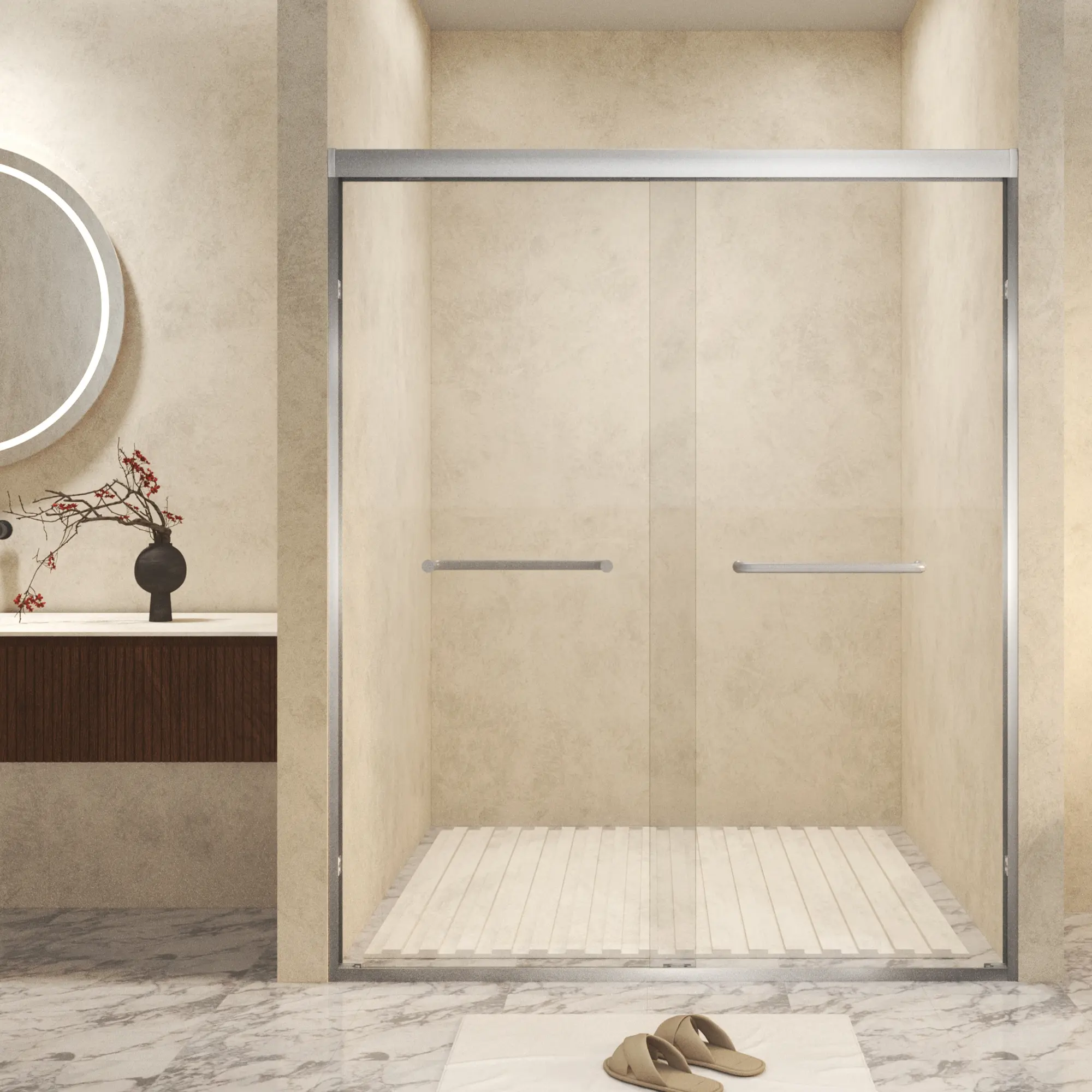 Brushed Nickel Double Sliding Shower Door (50-54x72 in), 1/4 in Tempered Glass with Explosion-Proof Film, Aluminum Frame, Stainless Steel Handle, SCGG Certified Modern Minimalist Bathroom Enclosure, Easy Clean, Sliding Door