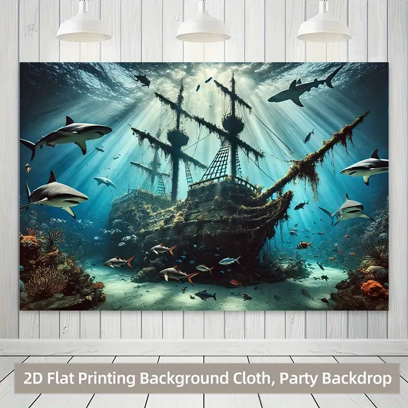 Sunken Pirate Ship 2D Flat Banner | Underwater Ocean Shark Scene Backdrop | Single-Sided Polyester | Metal Grommets for Easy Hanging