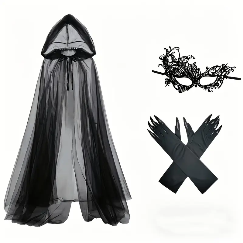 4Pcs Halloween Witch Cape Bride Cloak Gothic Gloves for Party Stage Performance Cosplay Costume Headwear Mask Gloves
