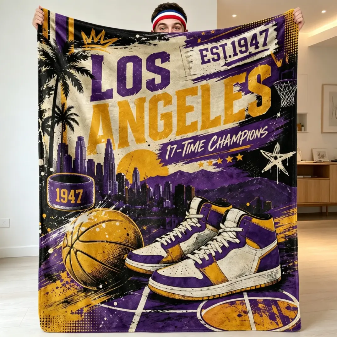 US City Basketball Skyline Sneaker Print Flannel Throw Blanket, Vintage Graffiti Sports Plush Fleece Blanket for Adults & Kids, Ultra Soft Warm Cozy Sofa Bed Couch Blanket, Basketball Fan Home Decor Birthday Christmas Father's Day Gift