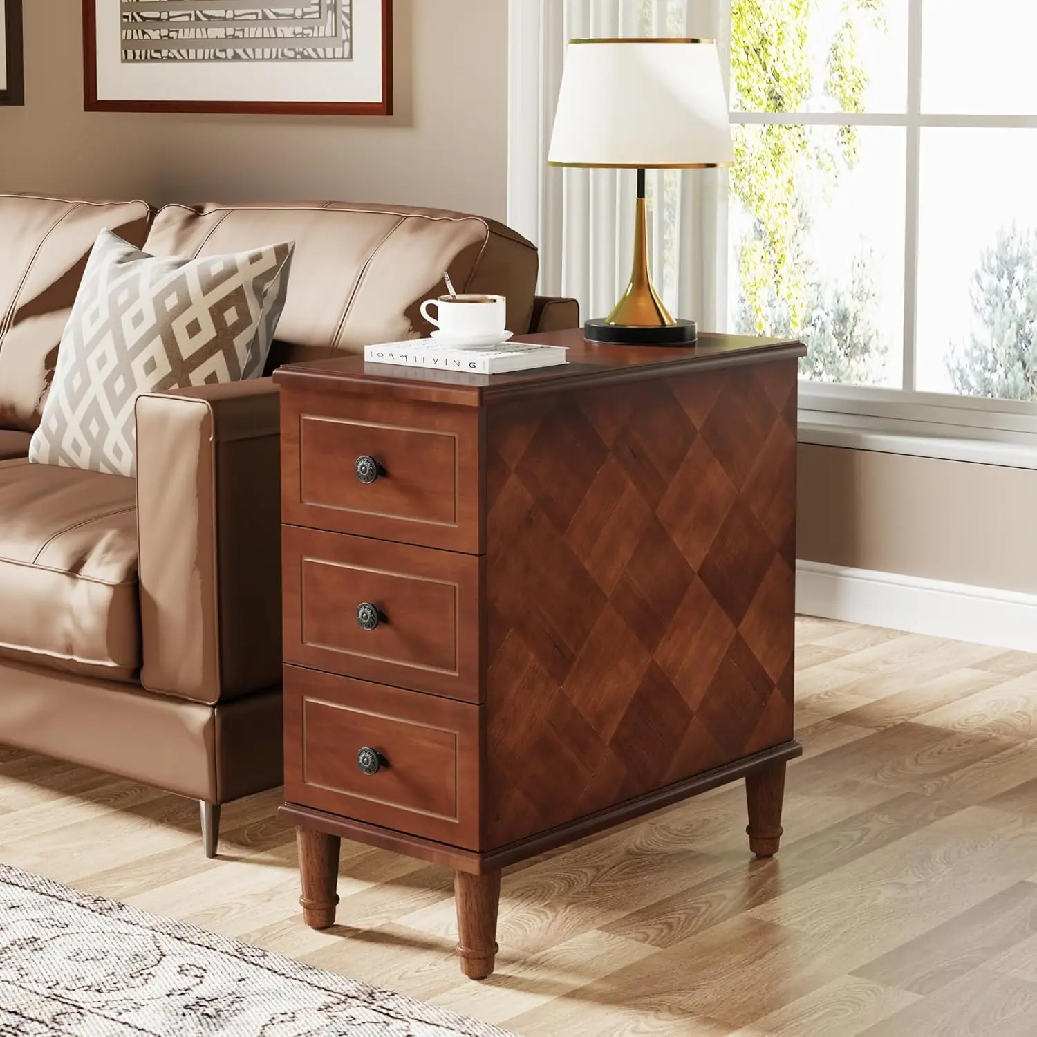 LustreC Brown Solid Wood Narrow Bedside Table with Drawers - Retro Vintage Retro Bedroom Furniture, 250lb Capacity, Fully Pre-Assembled Slim Small Space Bedroom Furniture for Bedrooms-Living Room, Wood Drawer Bedroom Furniture