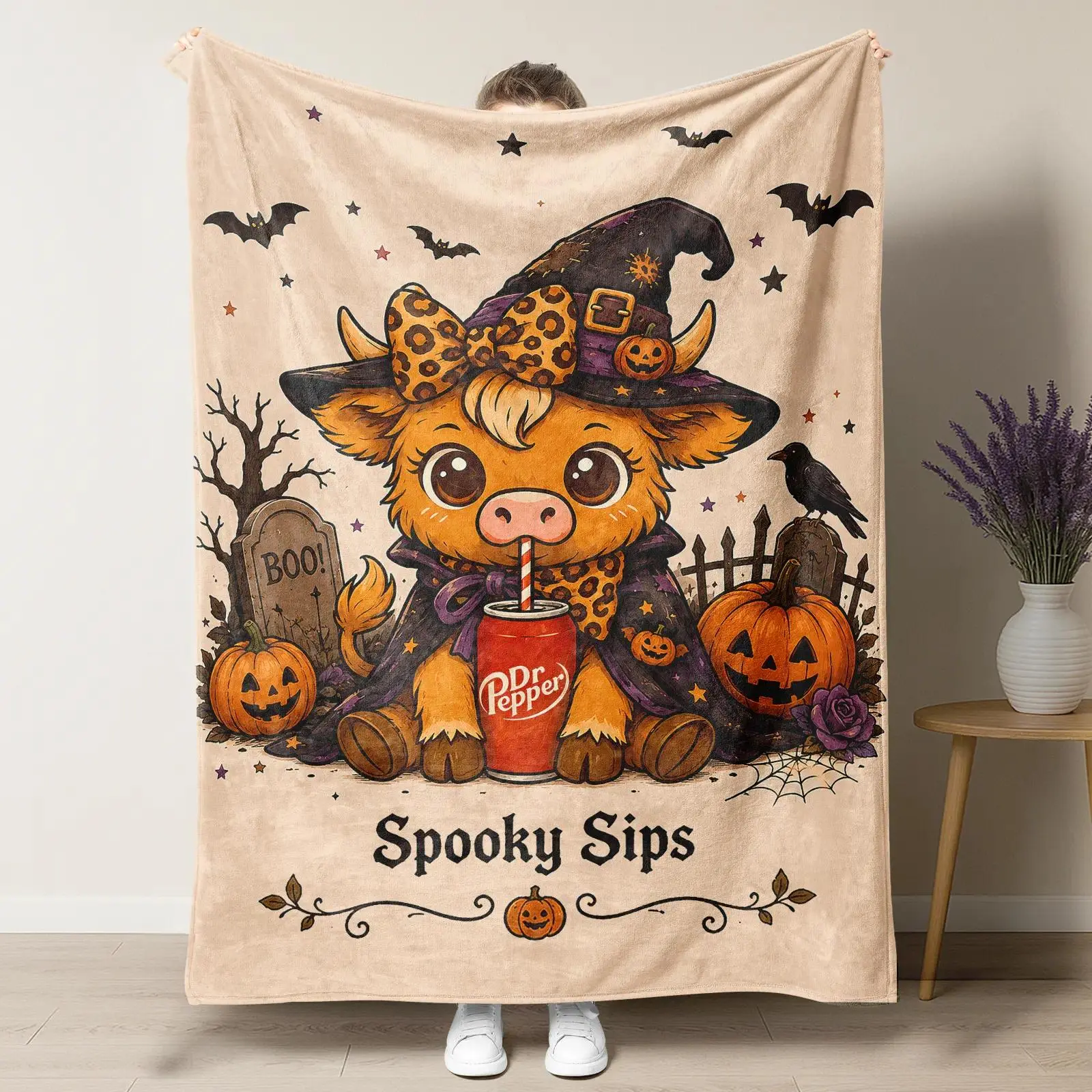 Cute Witch Highland Cow Dr Pepper Halloween Throw Blanket, Spooky Sips Leopard Bow Cow Graveyard Pumpkin Bat Crow Print Soft Fluffy Fleece Blanket, Fall Spooky Season Farmhouse Sofa Bed Decor Gift Blanket