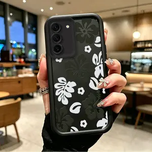 Soft Silicone Protective Cover for Samsung GALAXY S22 - Durable Shockproof Enhanced Casing, Black-White Hibiscus Minimal Tropics Design, Celestial Eye Layered Pattern, Handheld Phone Accessory with Button Compatibility, JT43243