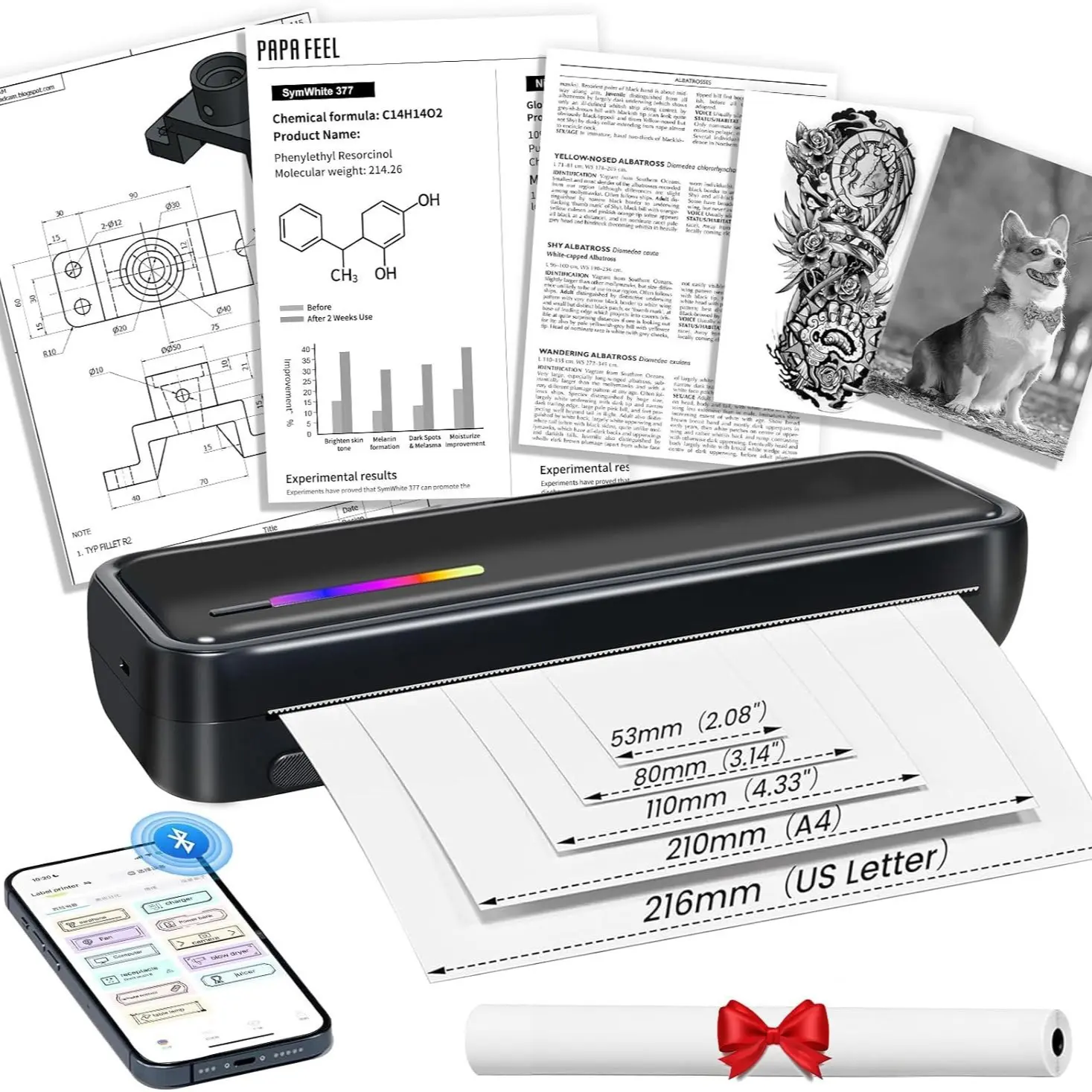 Portable A4 Thermal Printer, USB Rechargeable, High-Definition Printing, Wireless Connection, Inkless Travel Printer, Office & Home Use, Photo Printing