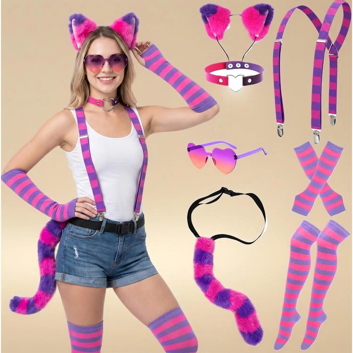 Women's 7-Pcs Hot Pink-Purple Striped Cat Costume Accessories Set - Furry Cat Ear, Tail, Choker, Suspenders for Halloween Party