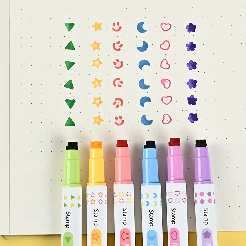 6Pcs Double Sided Stamp Highlighters Cute Shape Stamp & Marker Dual Tip Large Ink Capacity Random Colors Student School Stationery For Note Taking Journal Doodle DIY Crafts Back To School Party Prize Halloween Christmas Holiday Small Gift Supplies