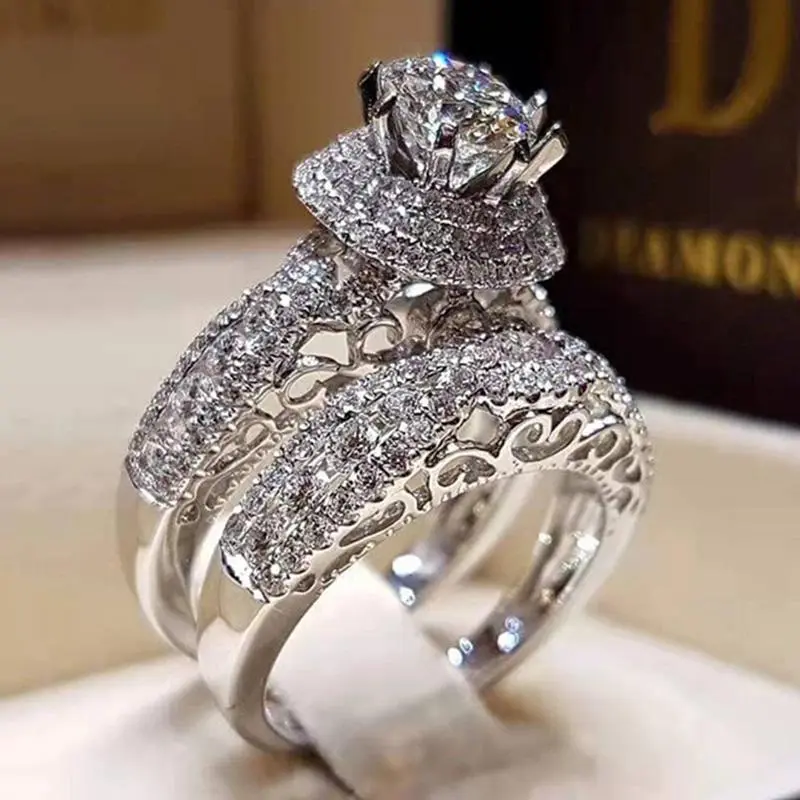 Women's Trending 2-Pcs Layered Set Rings, Silver Rhinestone Diamond Rings, Artificial Diamond Romantic Jewelry for Wedding, Anniversary Gifts, Artificial Diamond Rings
