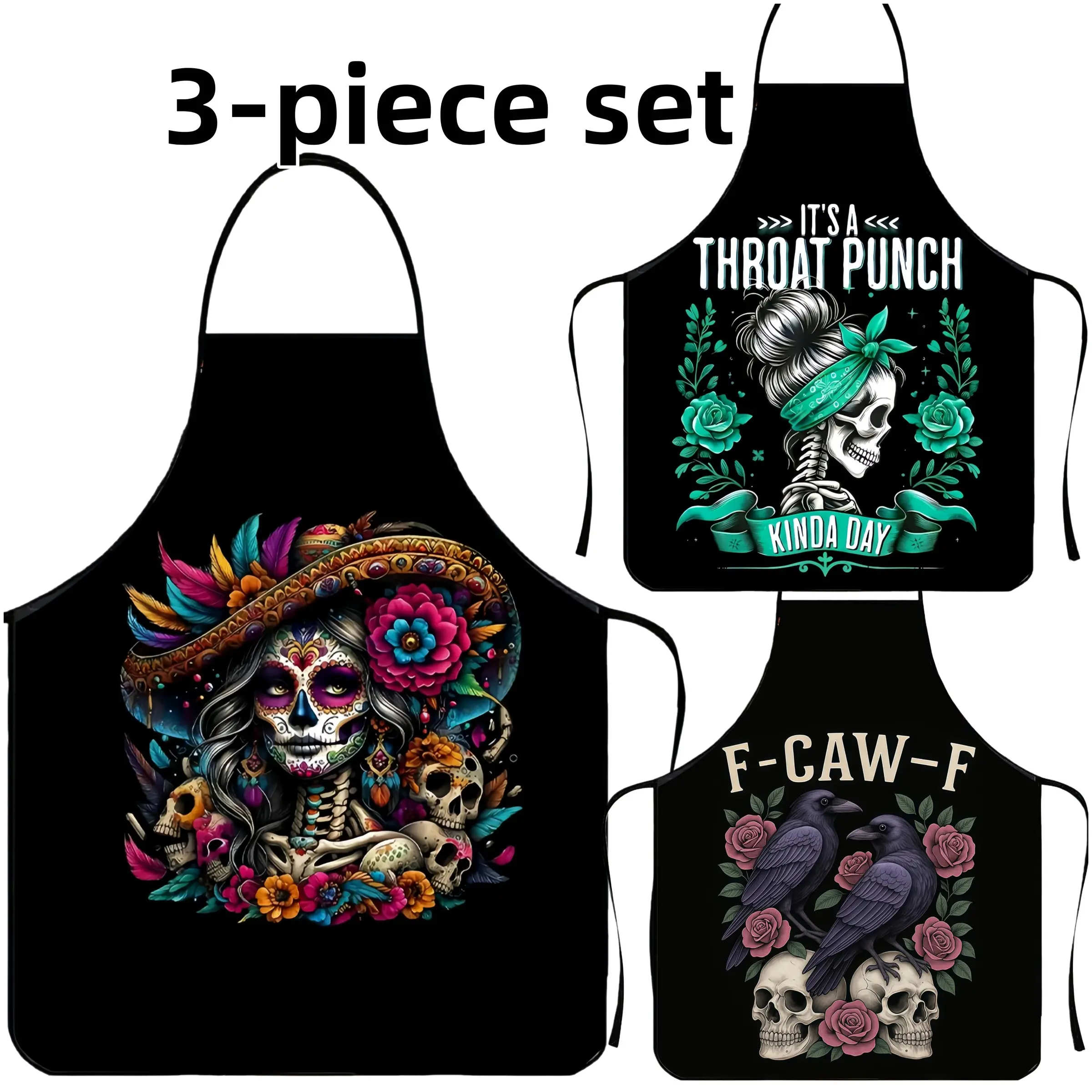 Polyester Skull Print Apron Set, 3-piece set ﻿Christmas Gift Apron,Cooking Apron,BBQ Apron,Garden Tool,﻿Kitchen Essential,Cleaning Tool,Apron for Men&Women