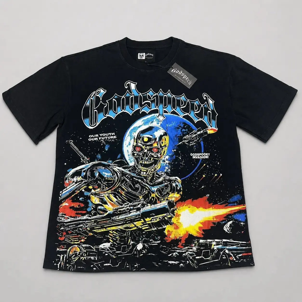 GODSPEED T‑shirt, Letter Print Short Sleeve Hip Hop Tees, Men Couple Style GOD SPEED Round Neck Loose Cotton Casual Tee, Streetwear Graphic T Shirt, Vintage 2000s Shirts For Daily Street Hangout Couple Matching Outfit