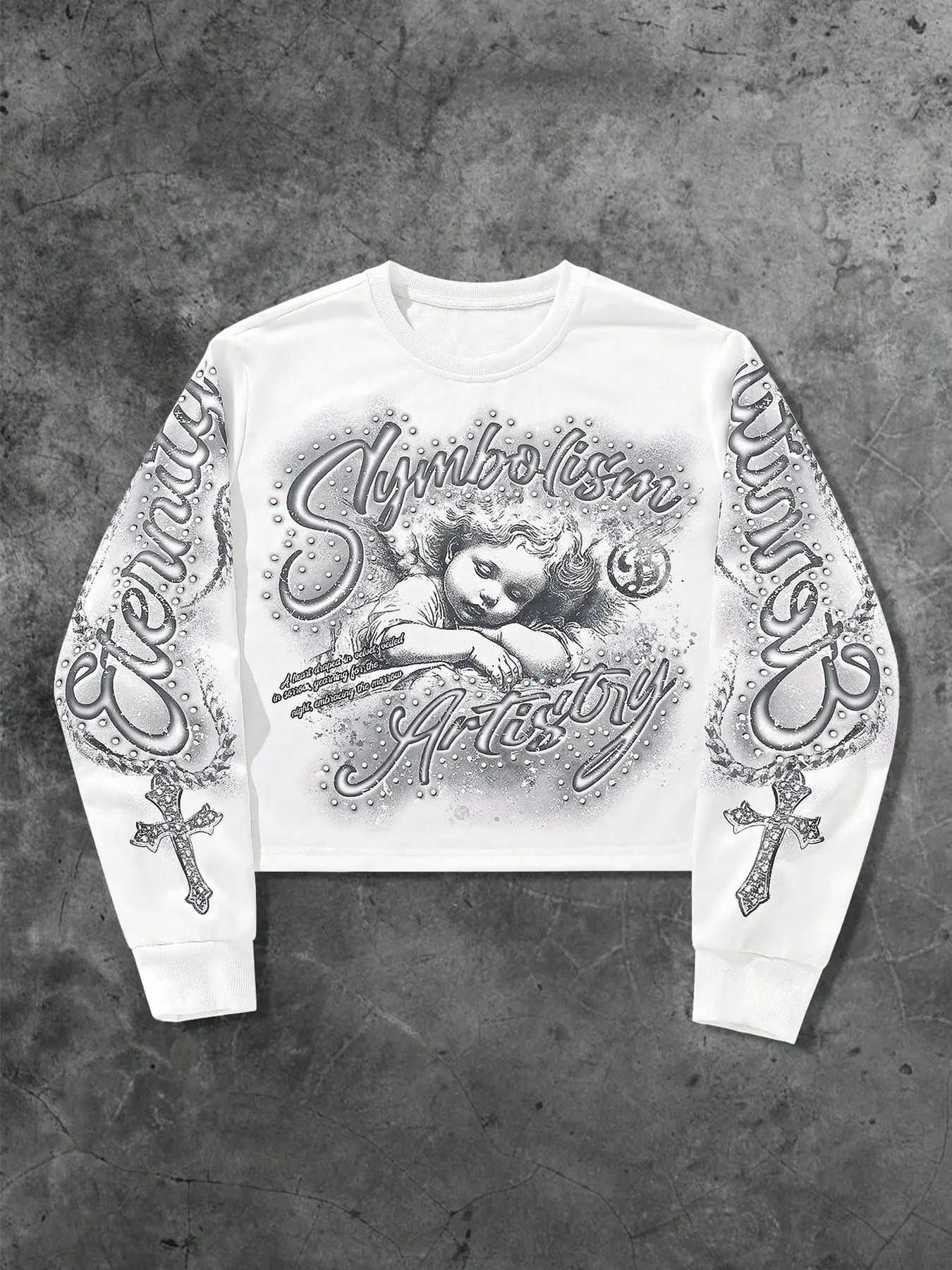 Y2K Angel Rhinestone Cross Cropped Long Sleeve Top, Vintage Purple Script Graphic Baby Angel Print Crop Sweatshirt, Gothic Streetwear Slim Fit Crewneck Crop Tee For Women, Aesthetic Alt Hip Hop Party Daily Casual Outfit