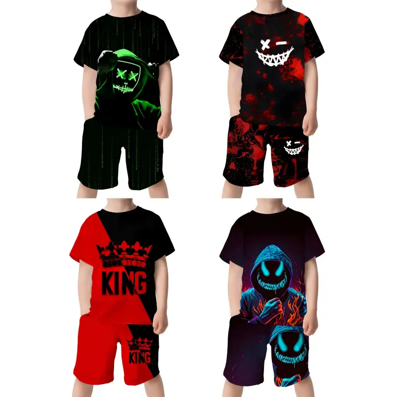 Boys' 8-Piece Cotton-Polyester Blend Knit Gaming 3D Printed T-Shirt & Shorts Set, Geometric Casual Summer Streetwear, Edgy Aesthetic, Machine Washable, Not Dry Cleanable, Sizes 3-4Y,5-6Y,7-8Y,9-10Y, Round