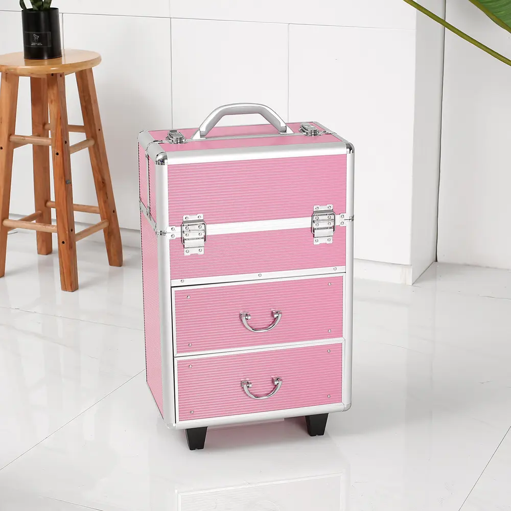 Pink 4-Tier Lockable Cosmetic Train Case with Aluminum Alloy Locking System, Steel Handle, Durable Plastic Stacked Extendable Trays, Daily Home Organizer Storage Box for Travel & Camping Essentials woman gift snapback sturdy