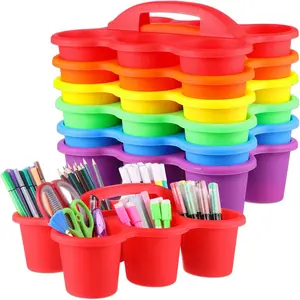 6 Pack 6 Compartments Classroom Caddy Organizer with Handle, Colorful Plastic Table Caddy Drink Cup Holder for School Supplies Crayon Pencil Marker Craft Storage, 12×9×3.5 Inches