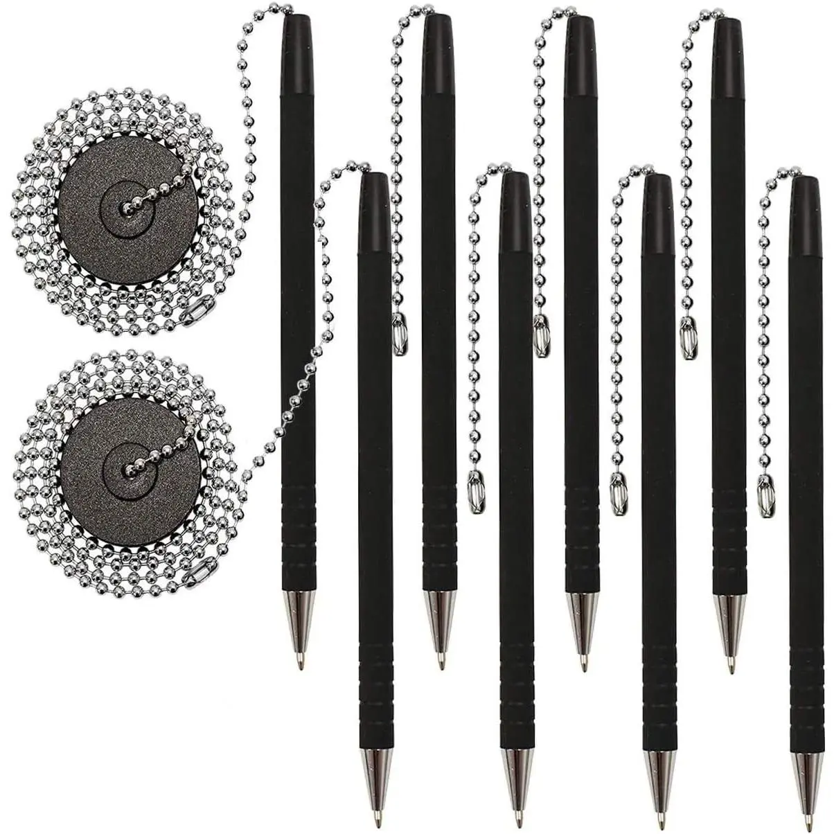 2 Pack of Secure Pens, Reception Counter Pen with 26" Chain Adhesive Holder, Includes 4 Black Ink Pens with Chain Attached Per Pack, Easily Refillable Pens with Rubber Grip (8 Pens)