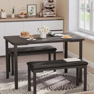 3-Piece Dining Table Set, 3-Piece Kitchen Table with 2 Upholstered Benches, Space-Saving Dining Room Set for Breakfast Nook and Small Spaces, Black/Grey