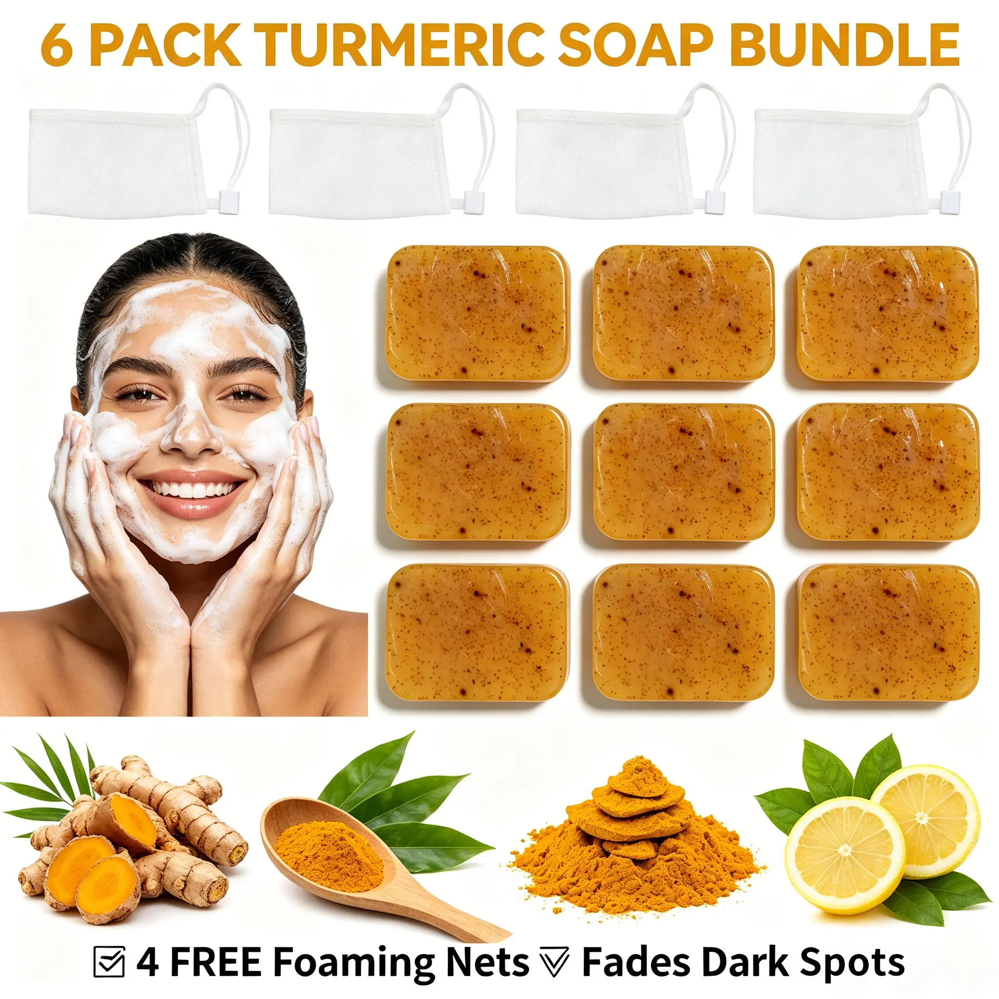 6-Piece/3-Piece turmeric Soap Set, Natural Handmade Soaps with Protective Bag, Moisturizing Bathing Bars, Deep Cleansing, Face & Body Gel
