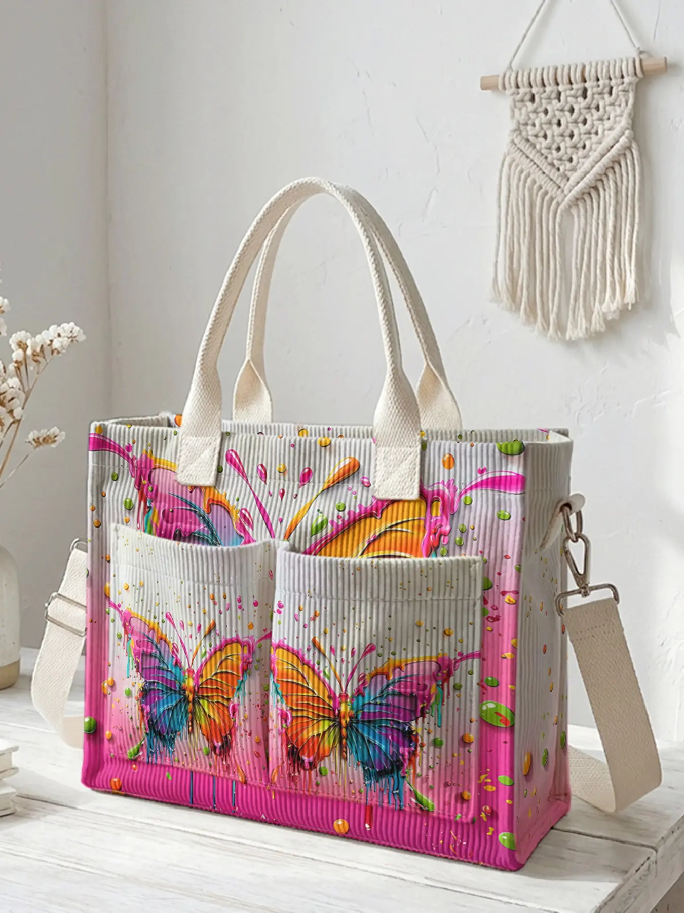 Oil Painting Butterfly Print Travel Bag, Multifunctional Travel Bag, Large Capacity Durable Crossbody Shoulder Bag, Multi-Pocket Design Travel Essentials Carryall for Work Shopping Picnic
