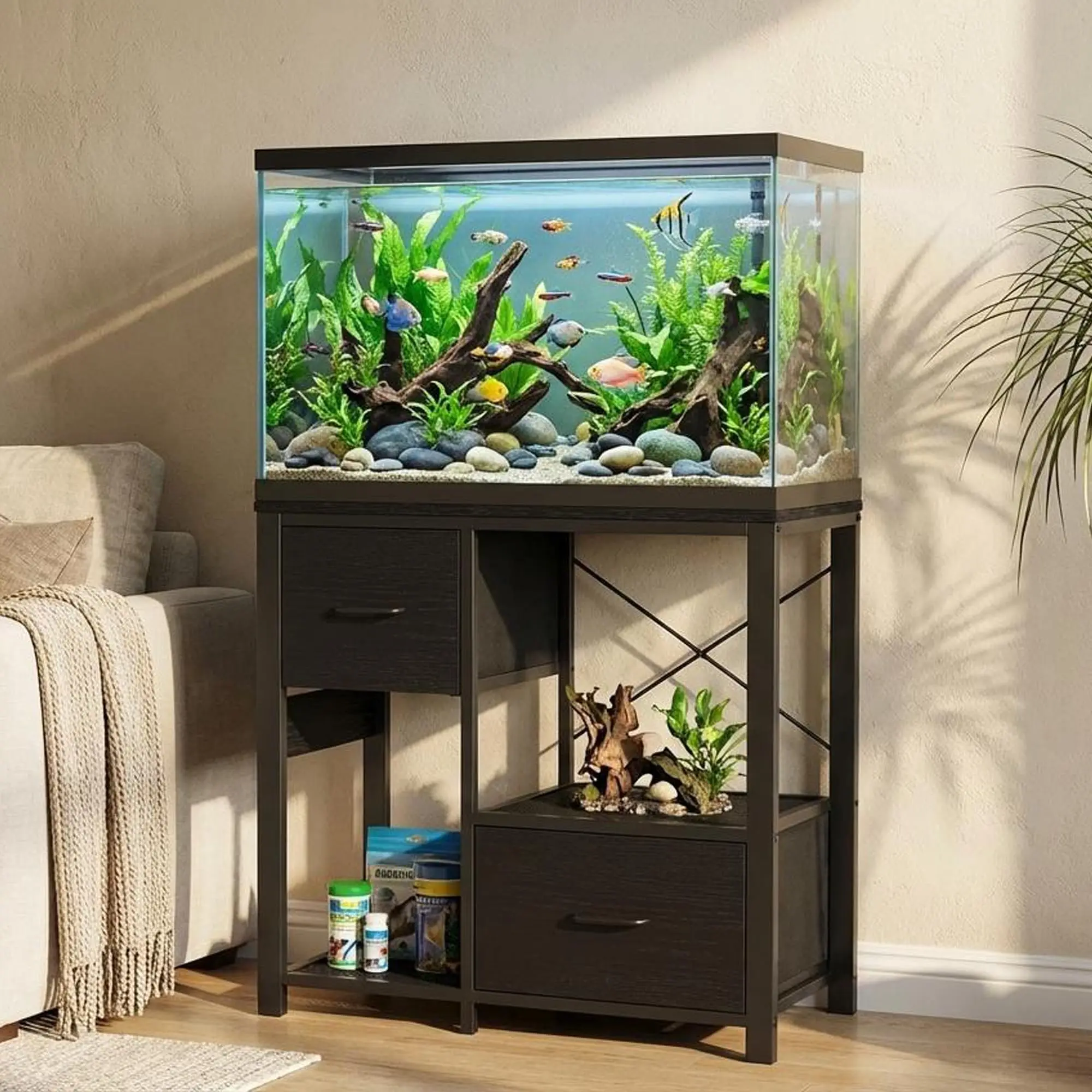Heavy Duty 4-Tier Aquarium Stand with Power Outlets – Freestanding Metal and Wood Rack for 20-37 Gallon Fish Tanks, Open Storage Shelves, Sturdy Legs – Ideal for Aquariums & Terrariums